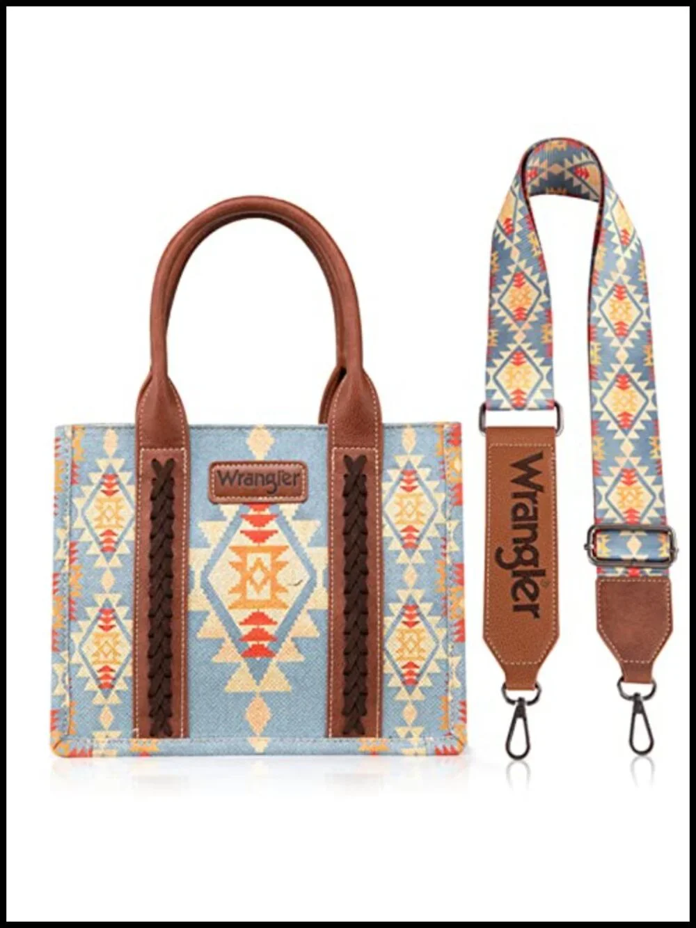 Western Aztec Print Cotton Canvas Tote Bag with Detachable Crossbody Strap